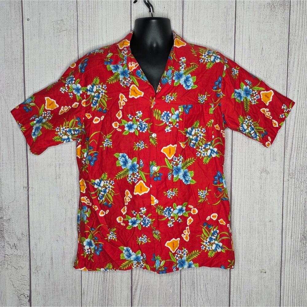 VTG 70s Hilo Hattie's Men's Red Floral Hawaiian Button Up Aloha Shirt, sz Large